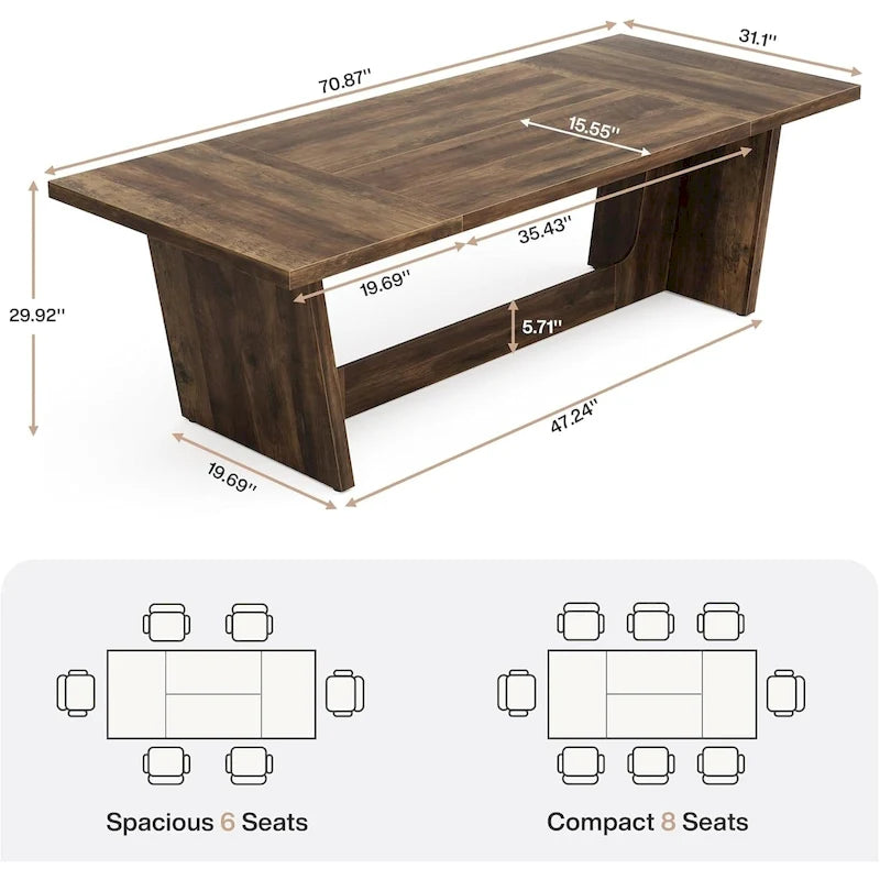 Eettafel in landelijke stijl van 71 inch voor 6-8 personen met massief onderstel