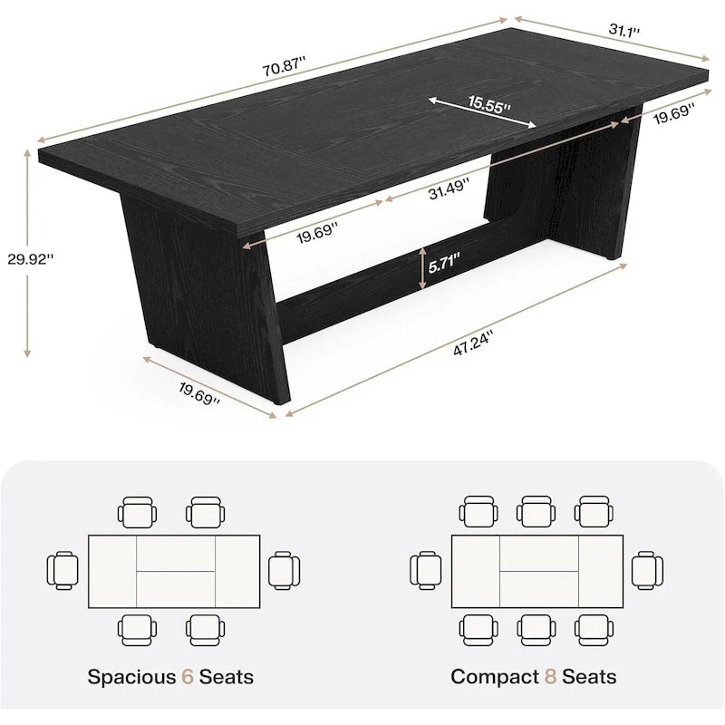 Eettafel in landelijke stijl van 71 inch voor 6-8 personen met massief onderstel